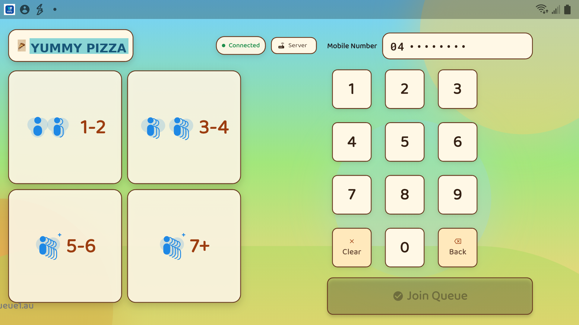 queue1 Display showing guest check-in options and QR code